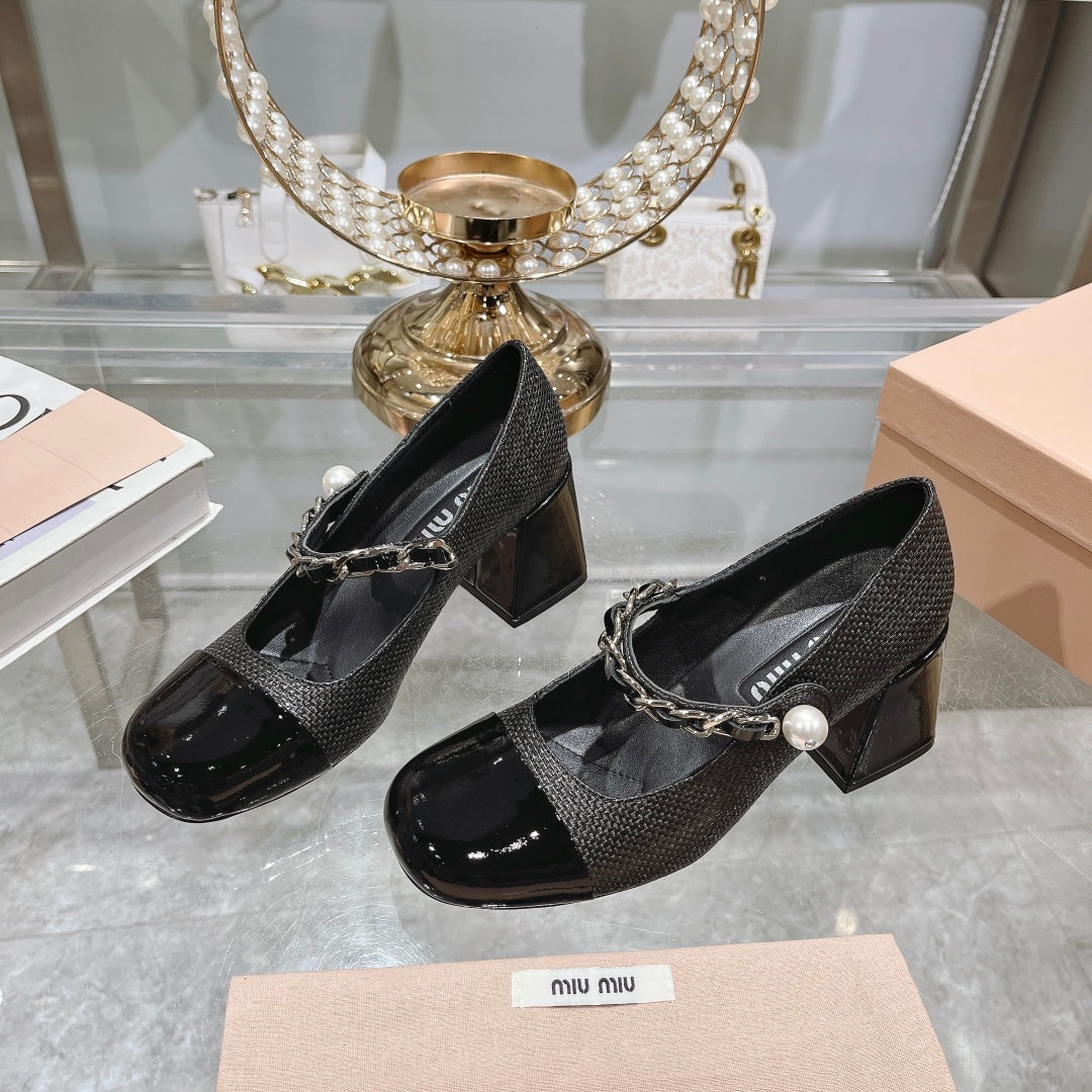 MARY JANE SANDAL CAP TOE BLACK SHEEPSKIN - HIGH HEEL