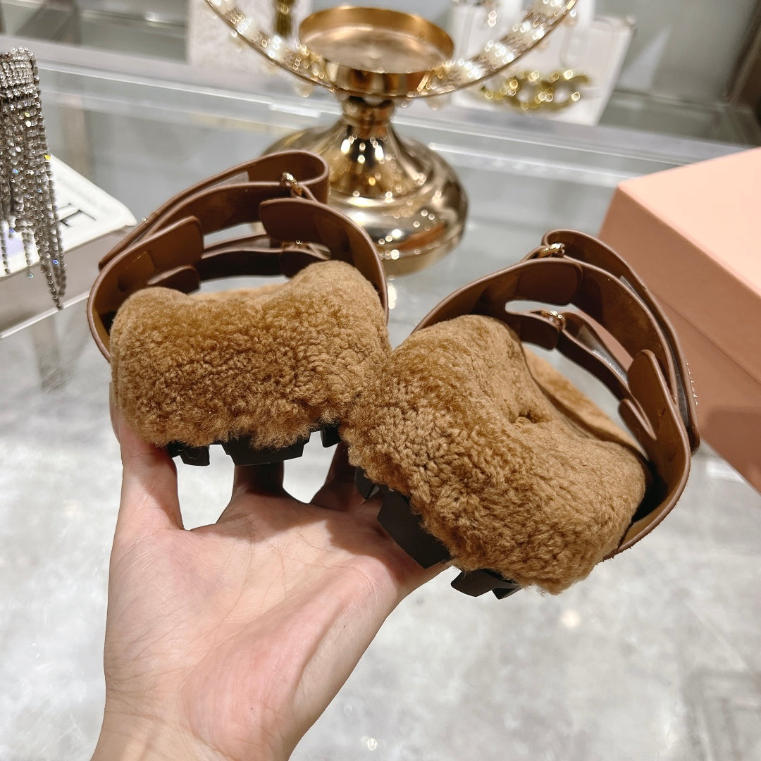SANDAL SLIDES IN SEPIA BROWN SUEDE AND SHEARLING LINING