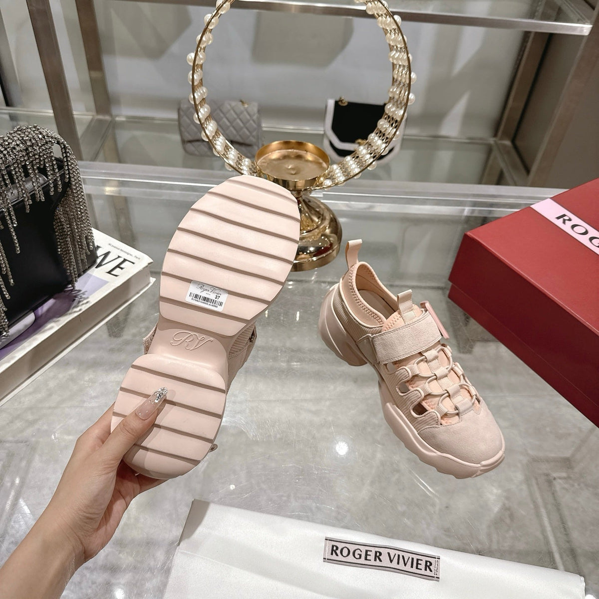 VIV' ON THE RUN TREKKY SNEAKERS IN BEIGE PINK FABRIC AND SUEDE