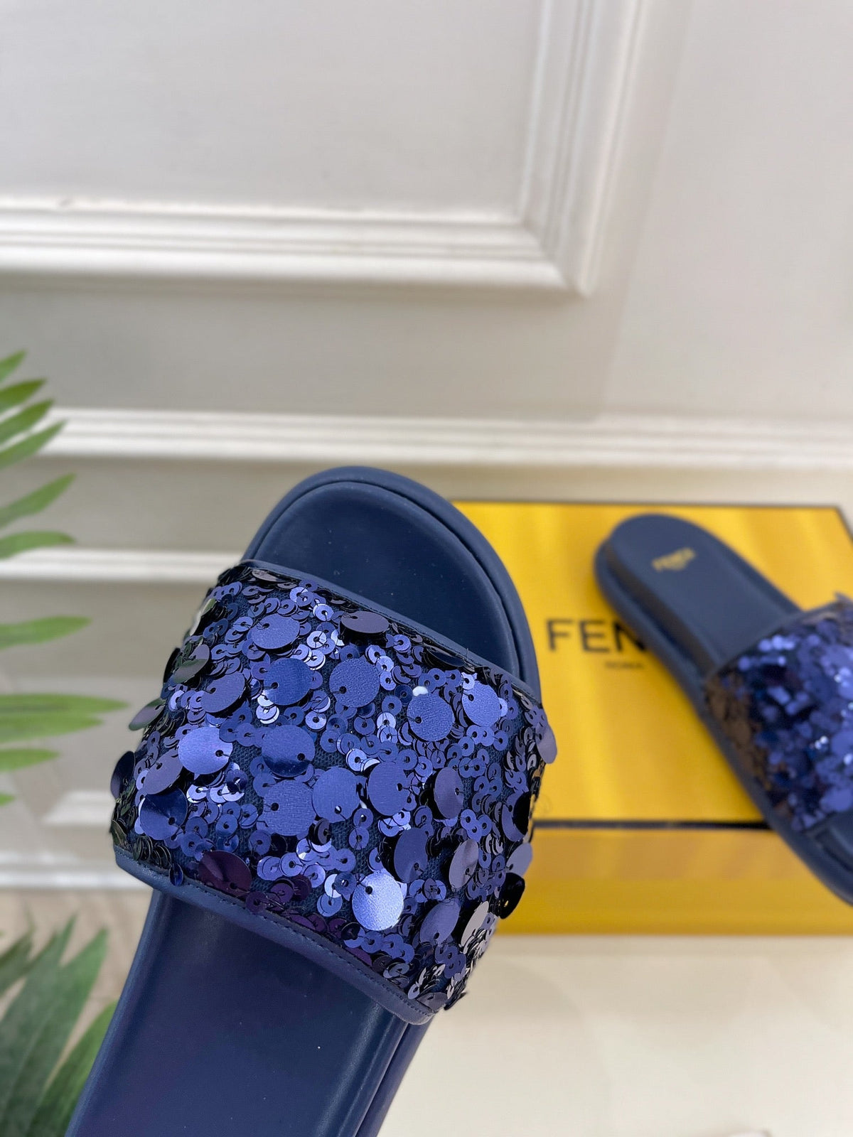 FENDI THICK SOLE 3 CM SEQUIN SLIPPER NAVY BLUE