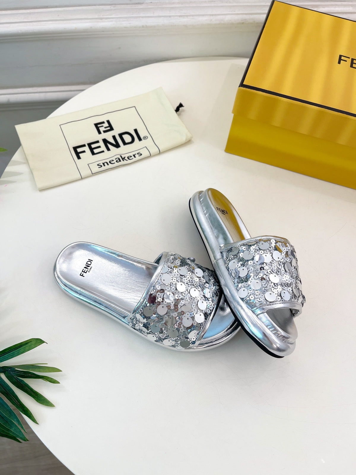 FENDI THICK SOLE 3 CM SEQUIN SLIPPER SILVER