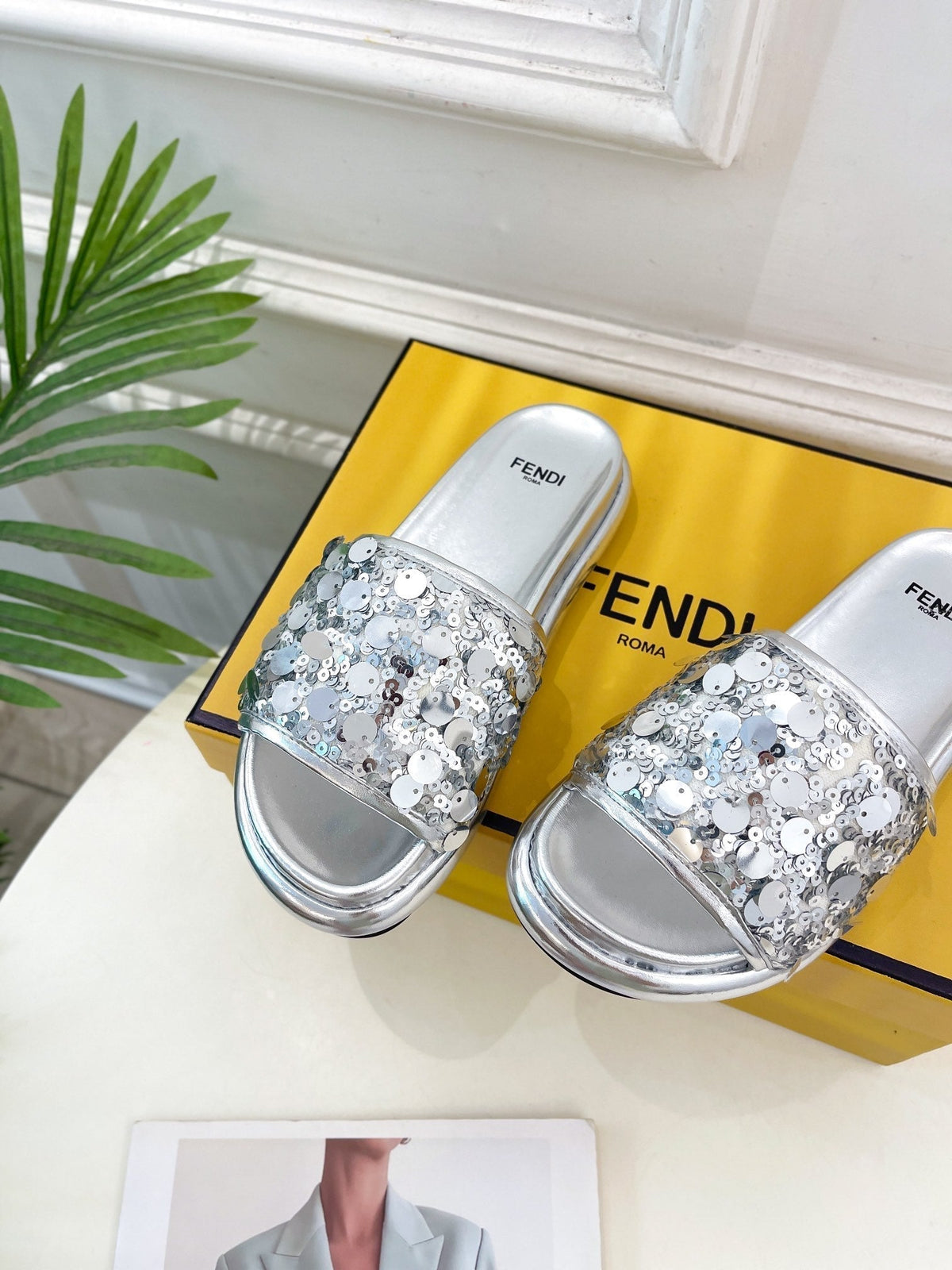 FENDI THICK SOLE 3 CM SEQUIN SLIPPER SILVER