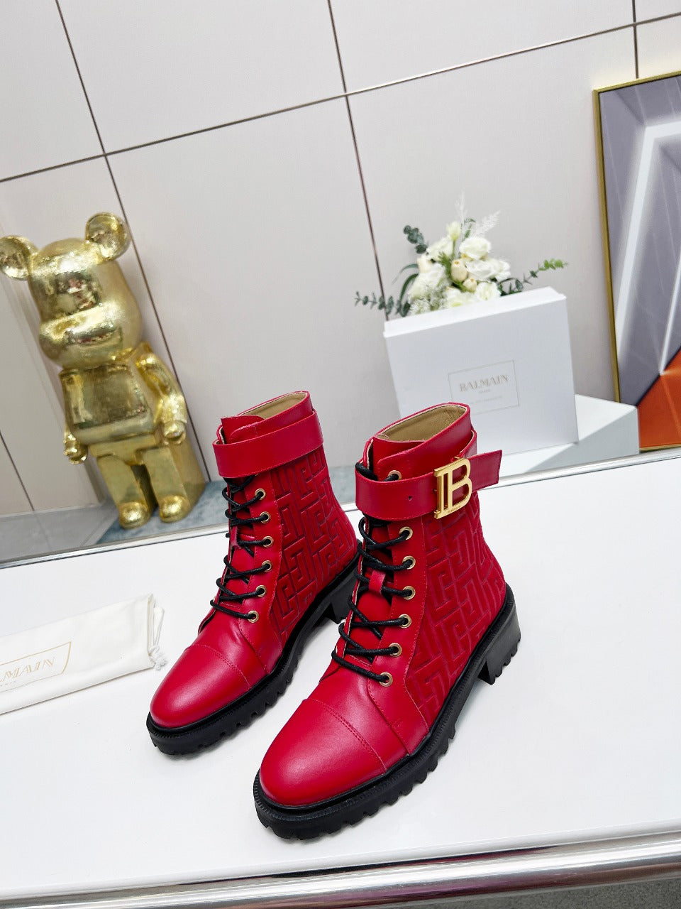 BALMAIN 26S BOOTS IN RED CALFSKIN AND SUEDE