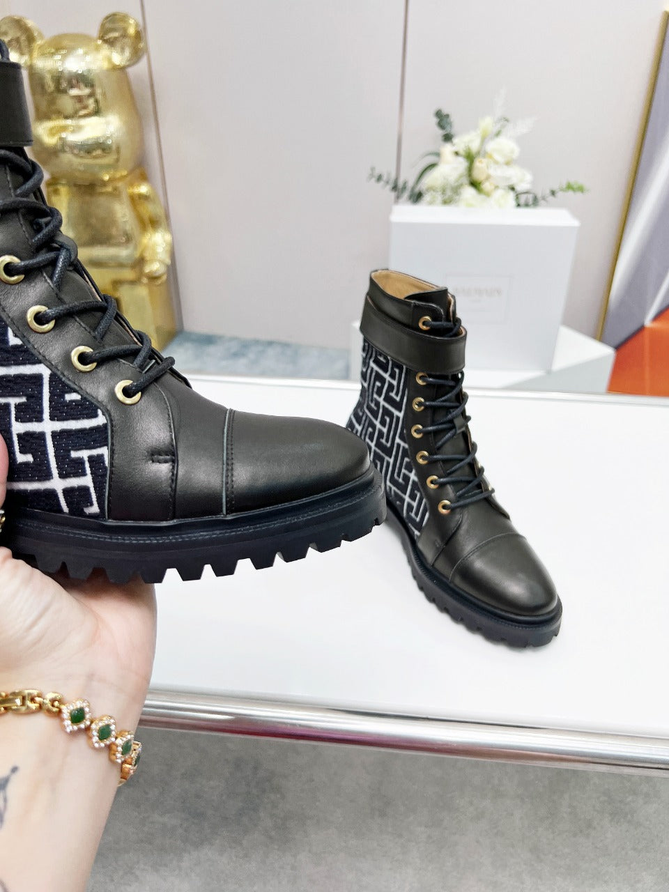 BALMAIN 26S BOOTS IN BLACK CALFSKIN AND WOOL