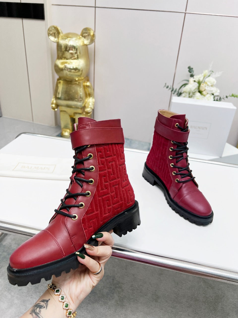 BALMAIN 26S BOOTS IN DARK RED CALFSKIN AND SUEDE