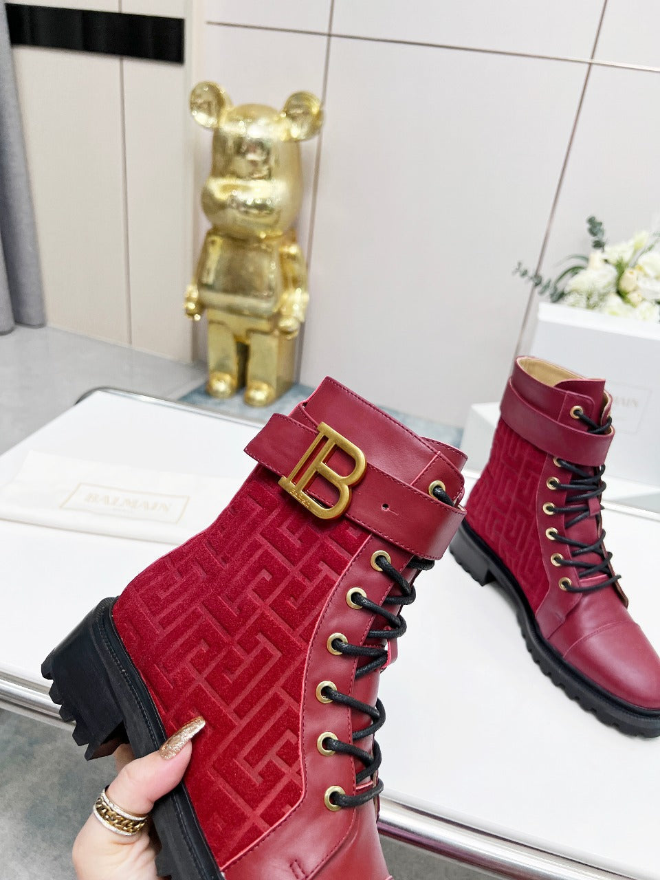 BALMAIN 26S BOOTS IN DARK RED CALFSKIN AND SUEDE