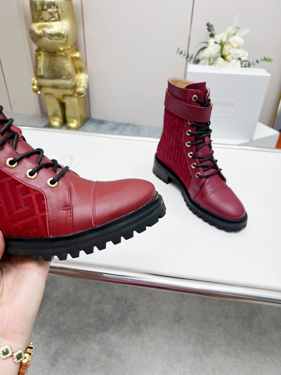 BALMAIN 26S BOOTS IN DARK RED CALFSKIN AND SUEDE