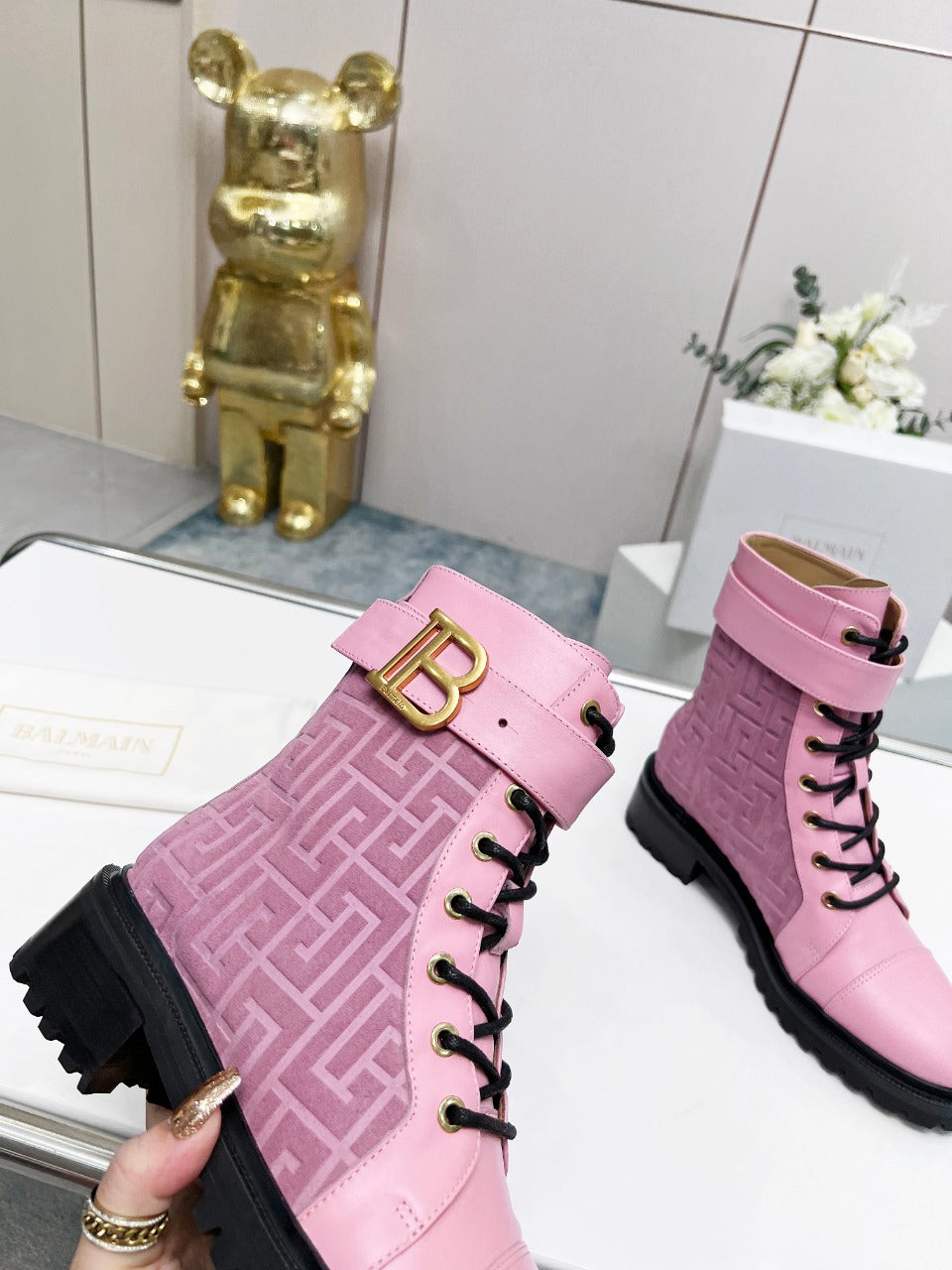 BALMAIN 26S BOOTS IN LIGHT PINK CALFSKIN AND SUEDE