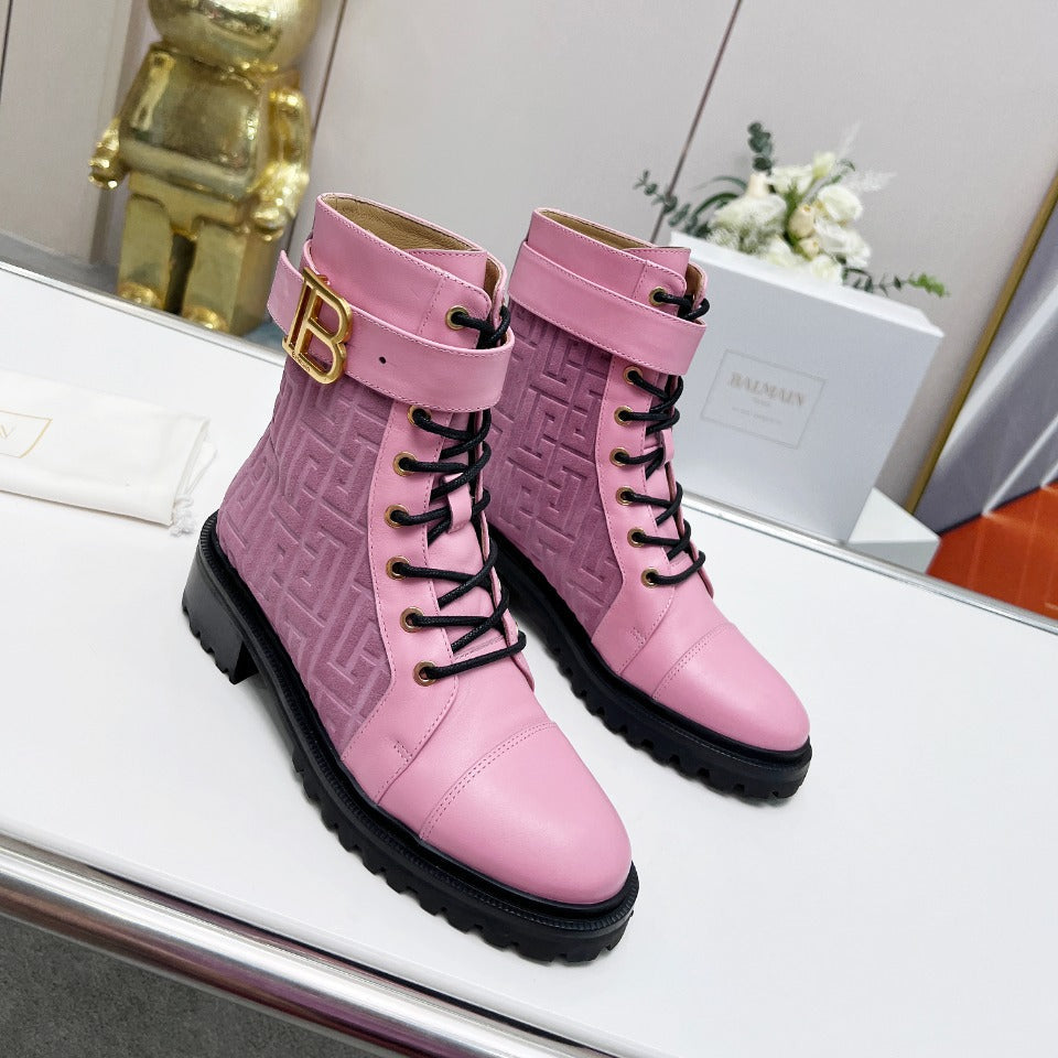 BALMAIN 26S BOOTS IN LIGHT PINK CALFSKIN AND SUEDE