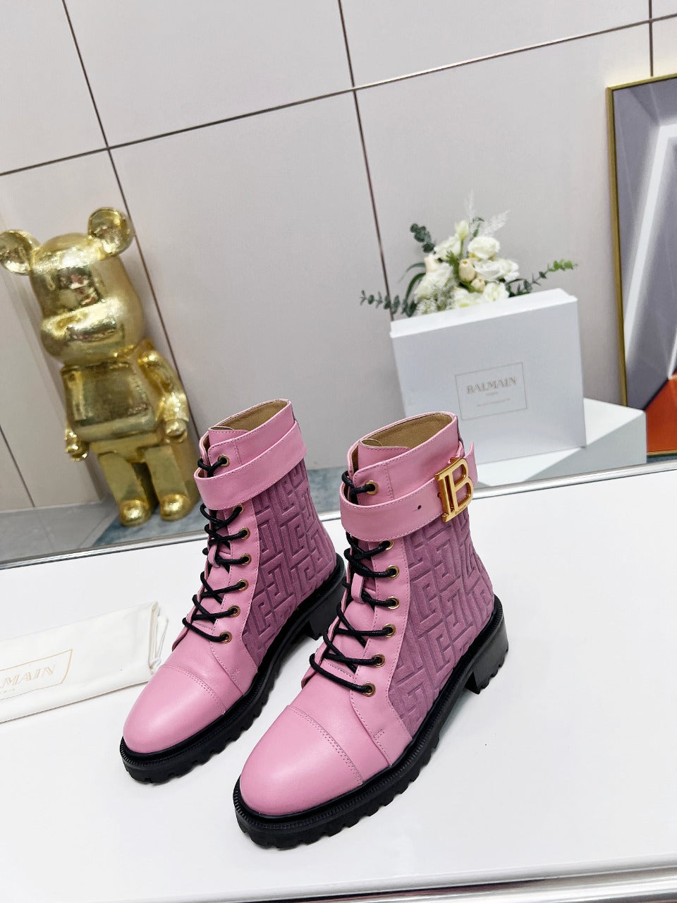 BALMAIN 26S BOOTS IN LIGHT PINK CALFSKIN AND SUEDE