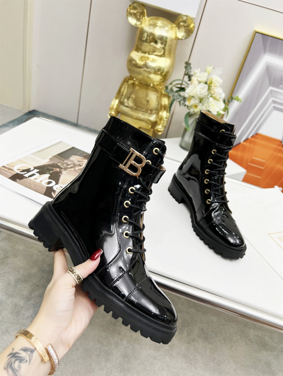 BALMAIN 26S BOOTS IN BLACK GLOSSY CALFSKIN