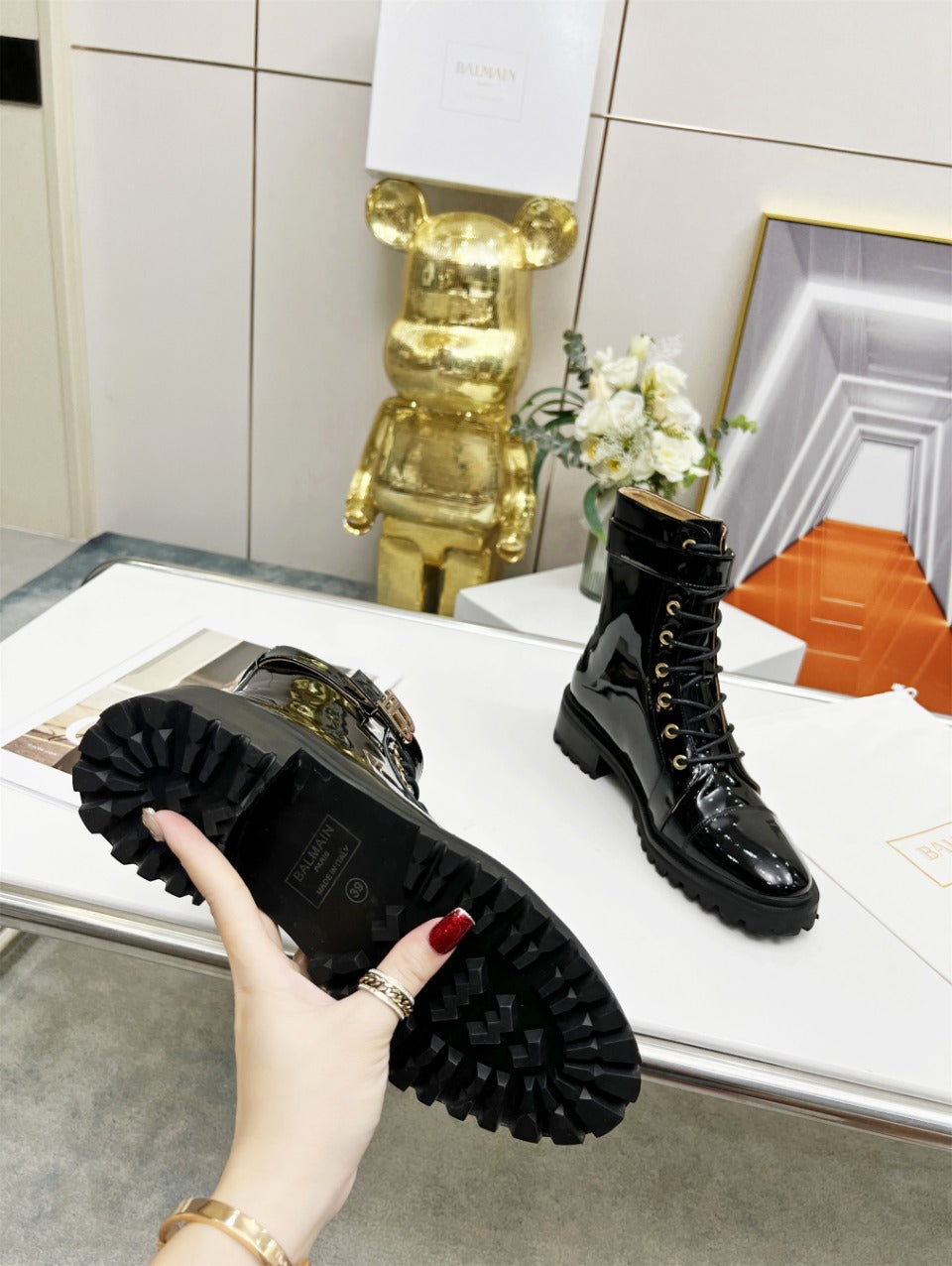 BALMAIN 26S BOOTS IN BLACK GLOSSY CALFSKIN
