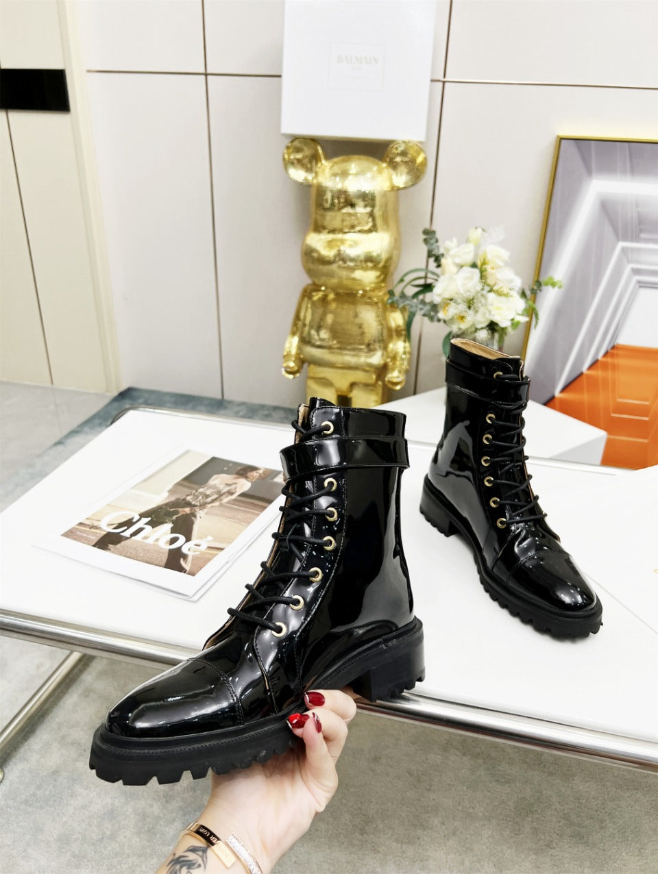 BALMAIN 26S BOOTS IN BLACK GLOSSY CALFSKIN