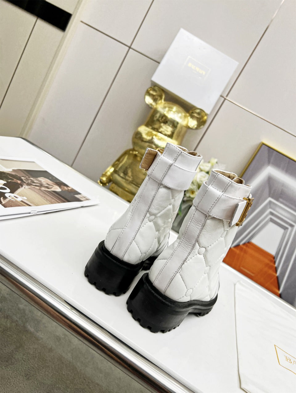 BALMAIN 26S COMBAT BOOTS IN WHITE CALFSKIN