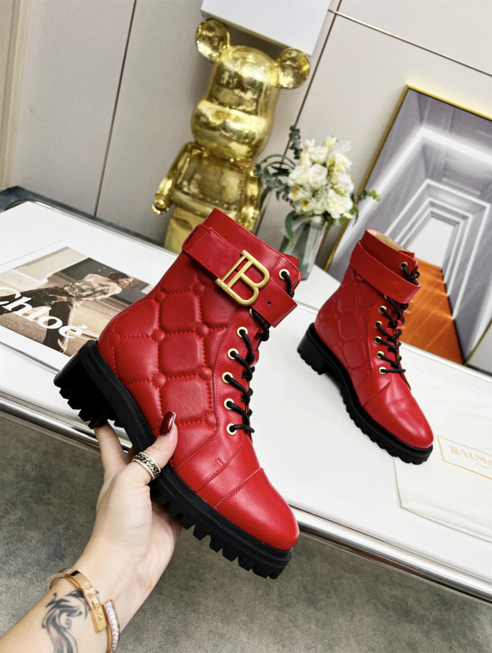 BALMAIN 26S COMBAT BOOTS IN RED CALFSKIN