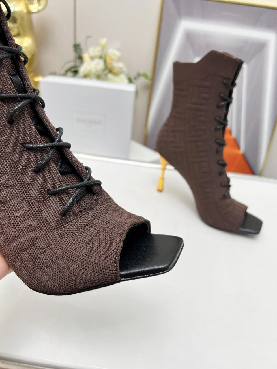 BALMAIN 26S LACE UP OPEN TOE BOOTS 95 MM IN DARK BROWN FLYKNIT