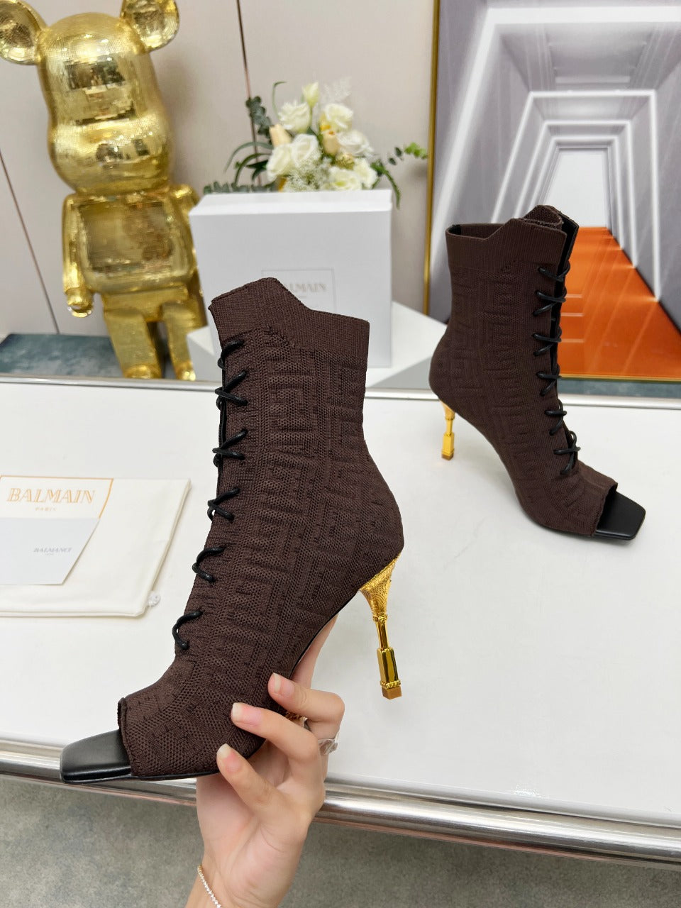 BALMAIN 26S LACE UP OPEN TOE BOOTS 95 MM IN DARK BROWN FLYKNIT