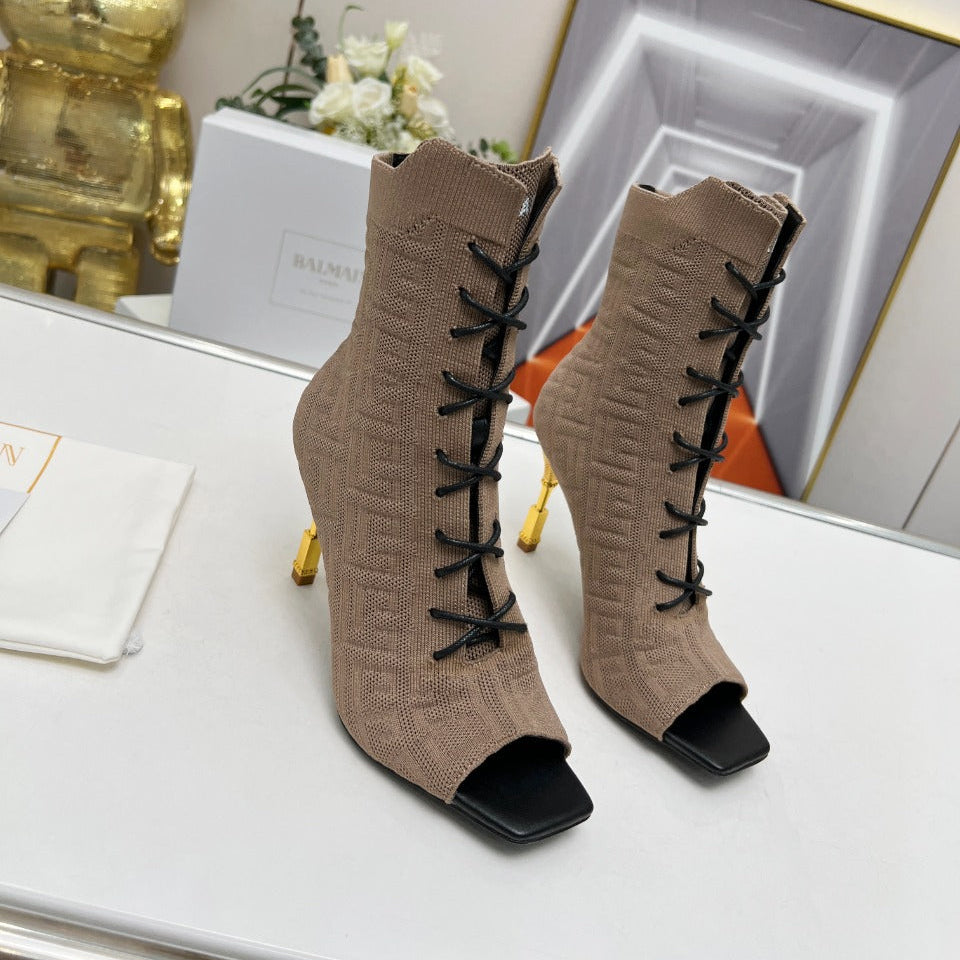 BALMAIN 26S LACE UP OPEN TOE BOOTS 95 MM IN GRAYISH BROWN FLYKNIT