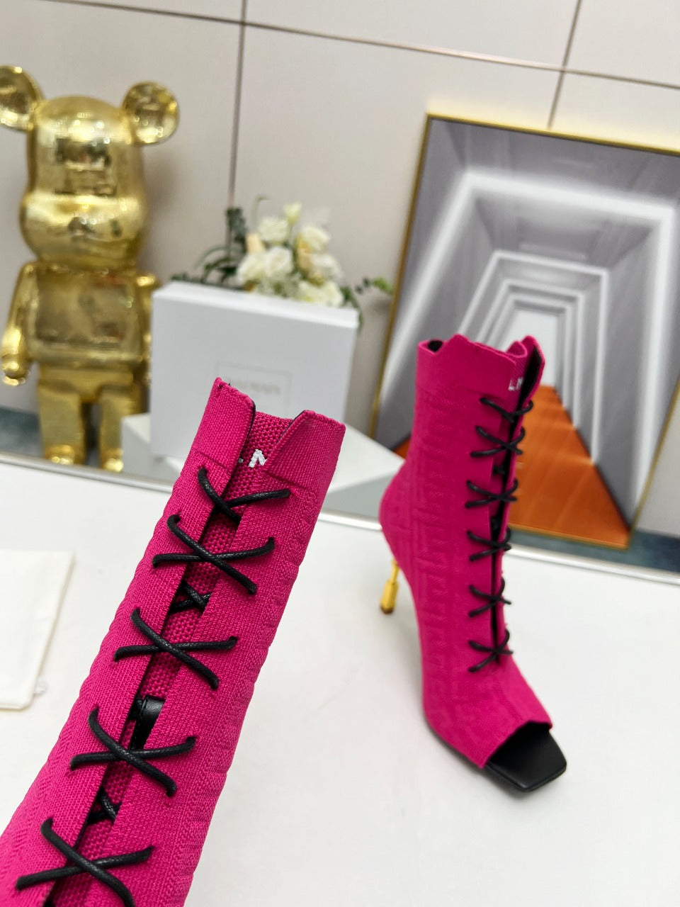 BALMAIN 26S LACE UP OPEN TOE BOOTS 95 MM IN PINK FLYKNIT