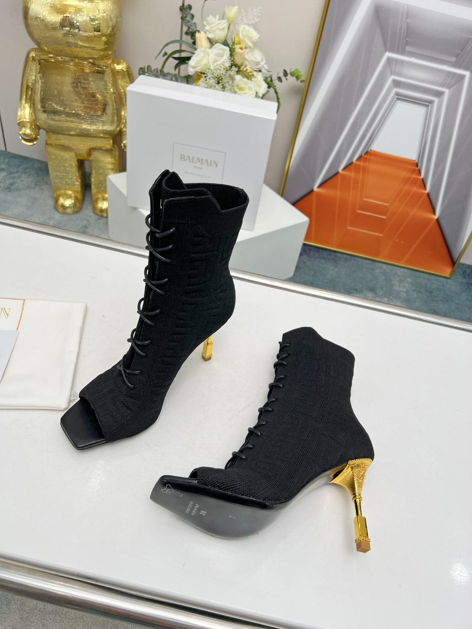 BALMAIN 26S LACE UP OPEN TOE BOOTS 95 MM IN BLACK FLYKNIT