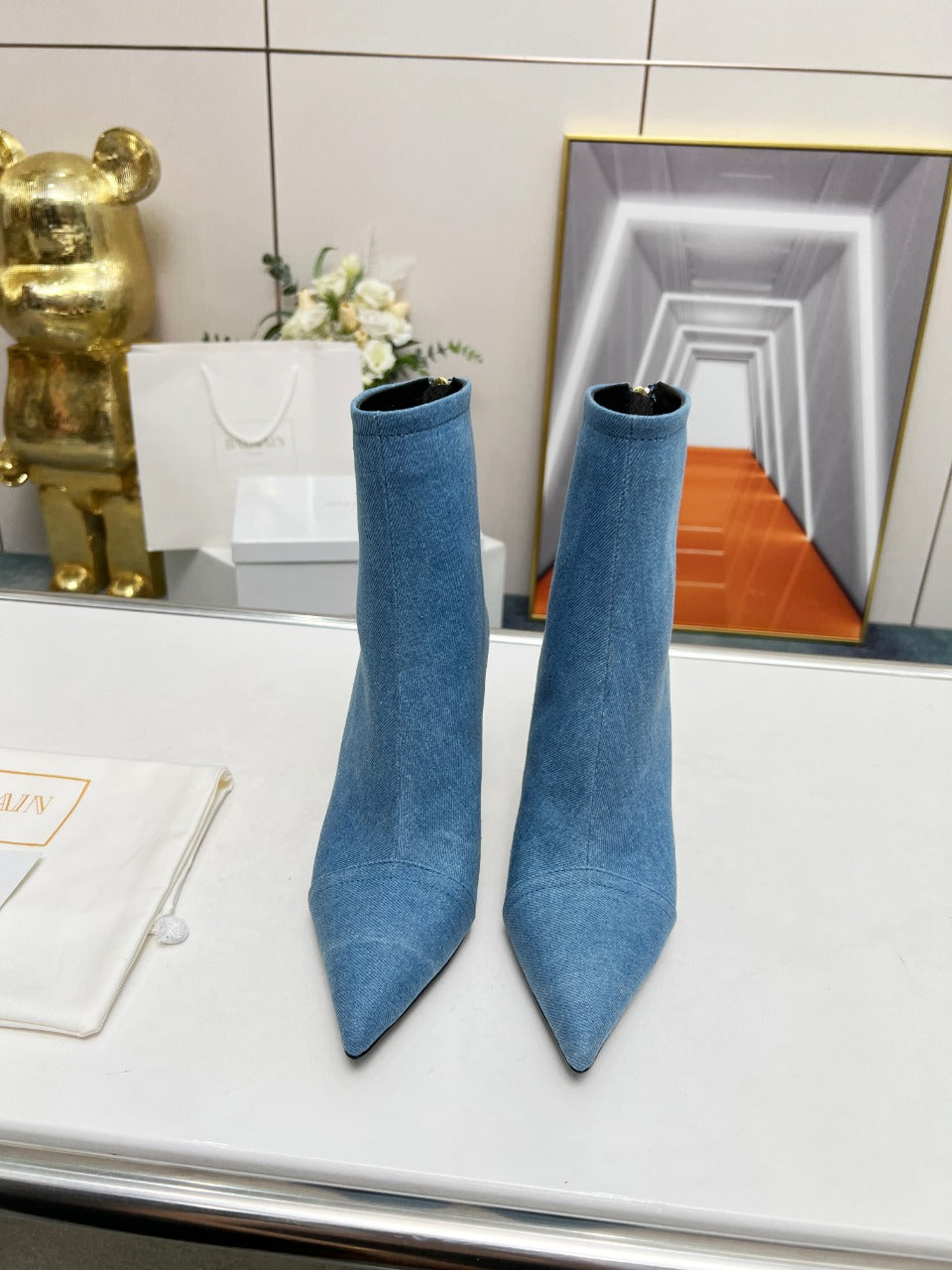 BALMAIN 26S BOOTS 95 MM IN BLUE DENIM