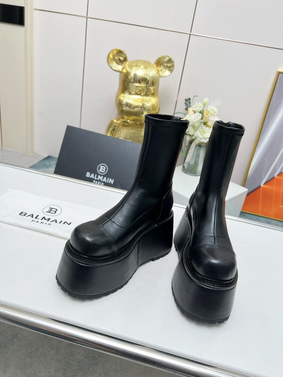 BALMAIN 26S PLATFORM BOOTS 100 MM IN BLACK CALFSKIN