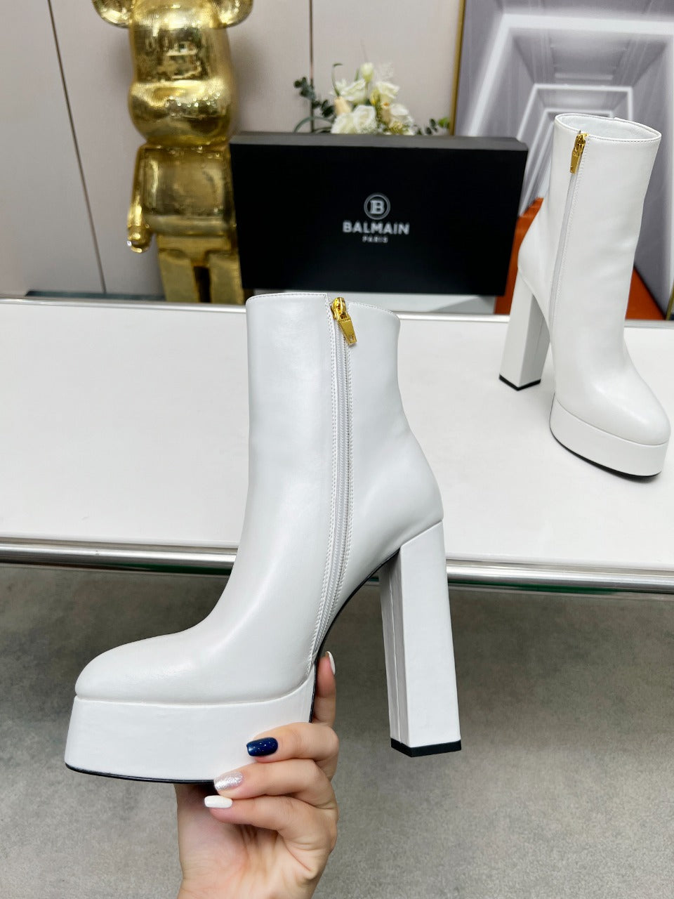 BALMAIN 26S BOOTS 135 MM IN WHITE CALFSKIN