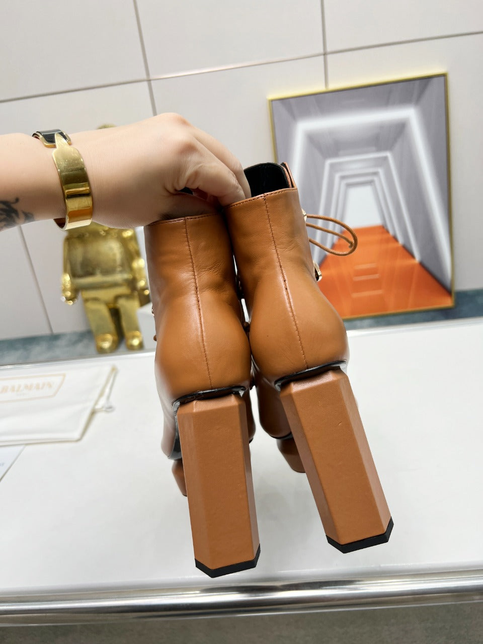 BALMAIN 26S OPEN-TOE BOOTS 115 MM IN BROWN CALFSKIN PEARL-EMBELLISHED