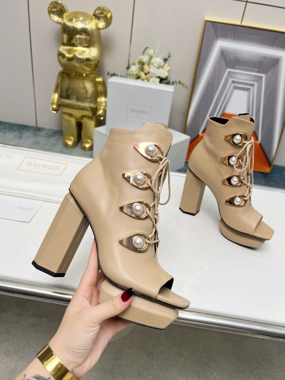 BALMAIN 26S OPEN-TOE BOOTS 115 MM IN DARK BEIGE CALFSKIN PEARL-EMBELLISHED