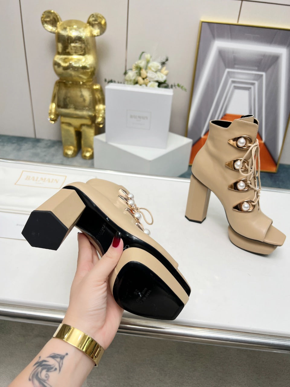 BALMAIN 26S OPEN-TOE BOOTS 115 MM IN DARK BEIGE CALFSKIN PEARL-EMBELLISHED