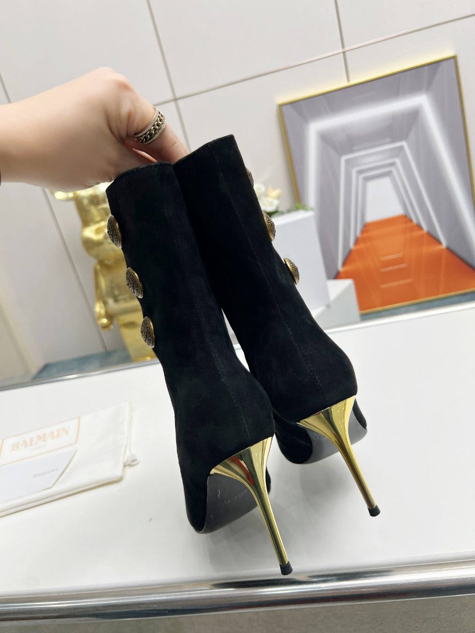 BALMAIN 26S HIGH-HEEL BOOTS 95 MM IN BLACK SUEDE