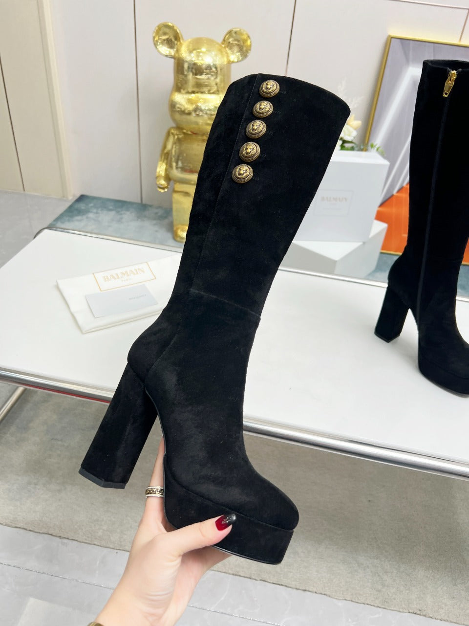 BALMAIN 26S HIGH BOOTS 115 MM IN BLACK SUEDE