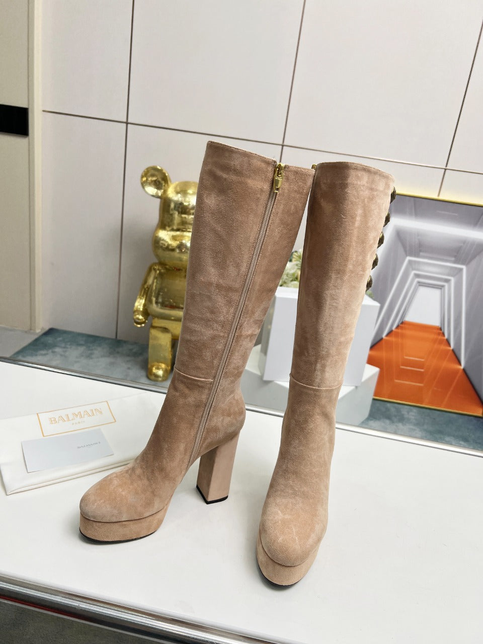 BALMAIN 26S HIGH BOOTS 115 MM IN WARM BEIGE SUEDE
