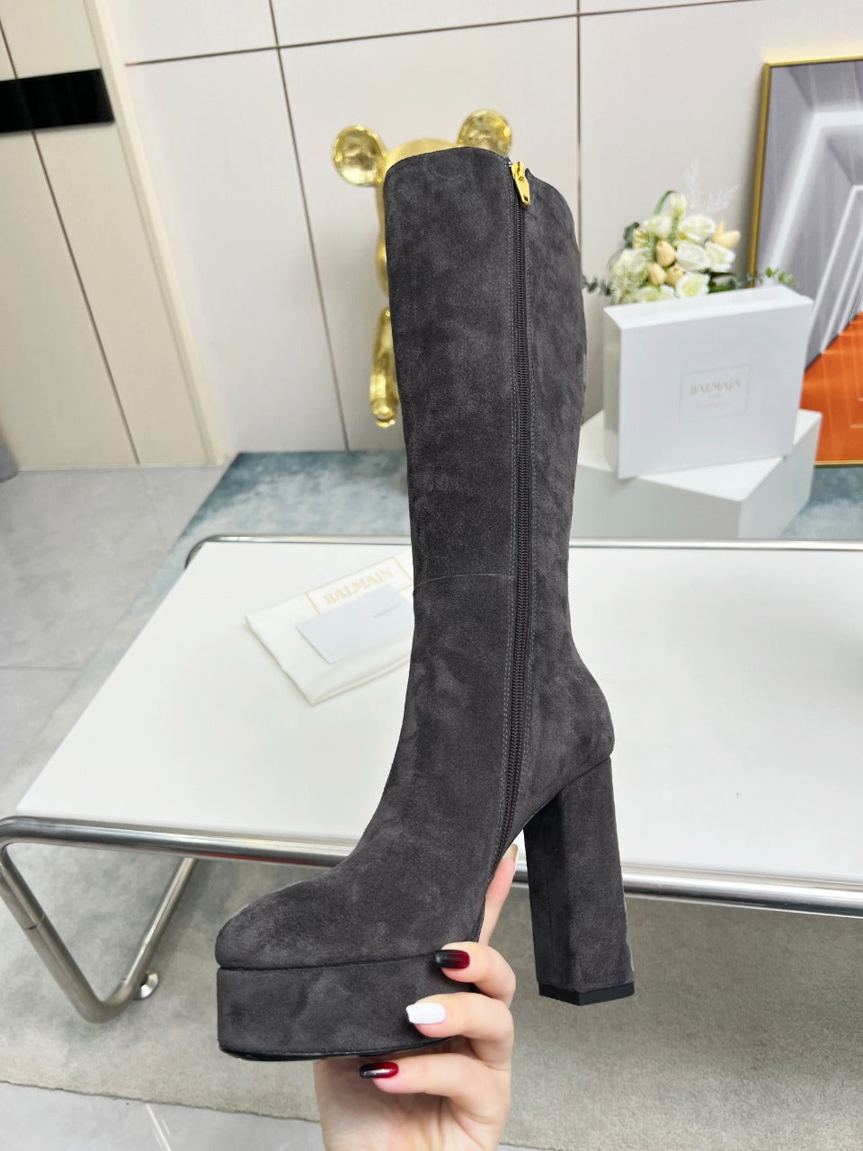 BALMAIN 26S HIGH BOOTS 115 MM IN DARK GREY SUEDE