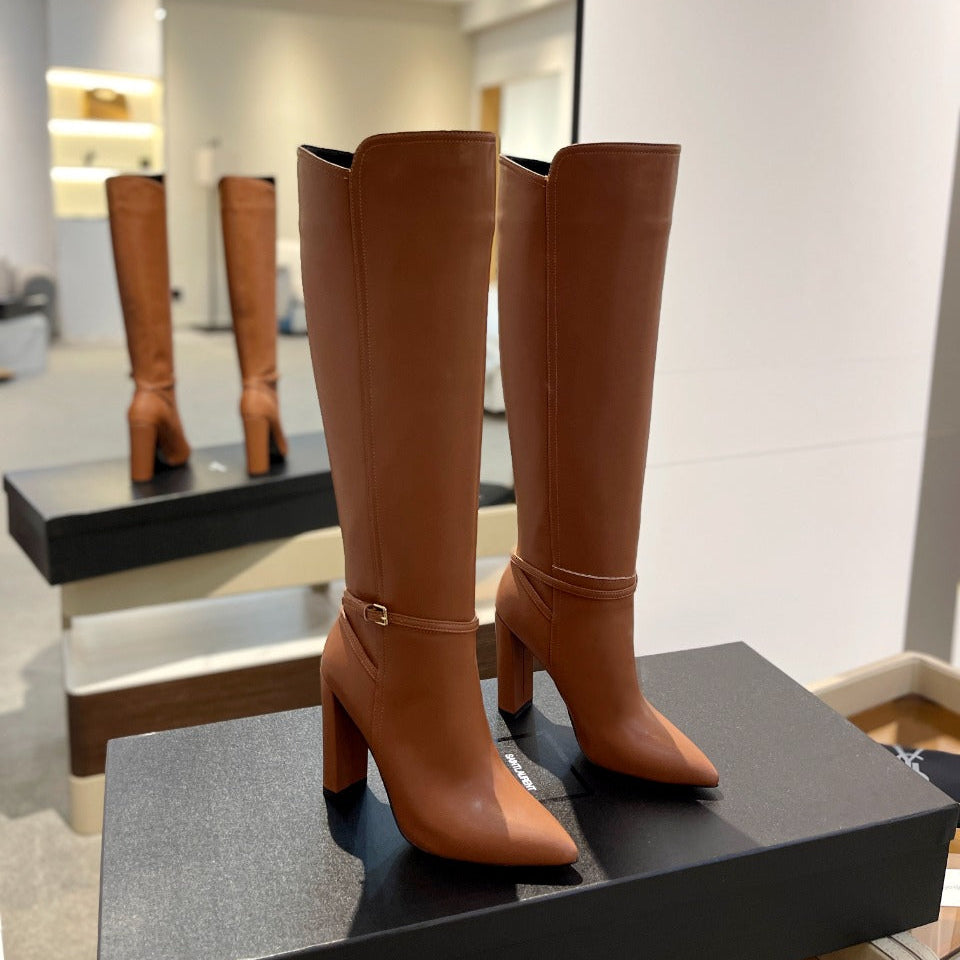 YSL 25S HIGH-HEEL KNEE-HIGH BOOTS 95 MM IN RUST BROWN LAMBSKIN