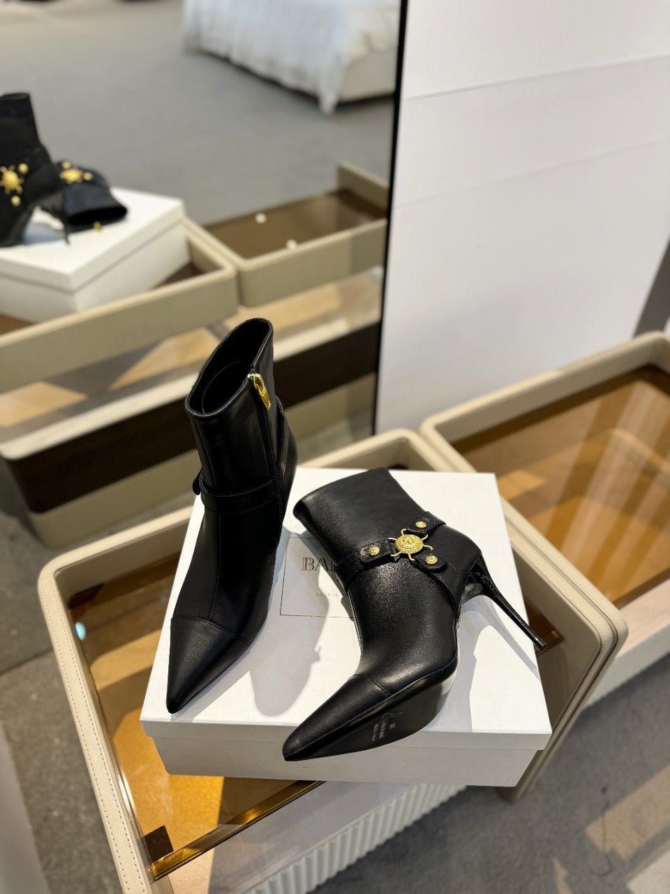 BALMAIN 26S STILETTO HEEL BOOTS 95 MM IN BLACK CALFSKIN