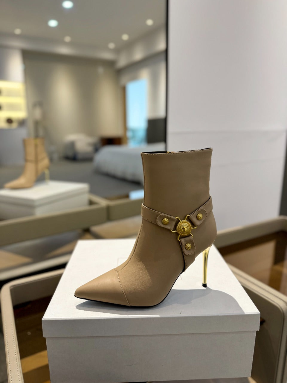 BALMAIN 26S STILETTO HEEL BOOTS 95 MM IN DARK BEIGE CALFSKIN